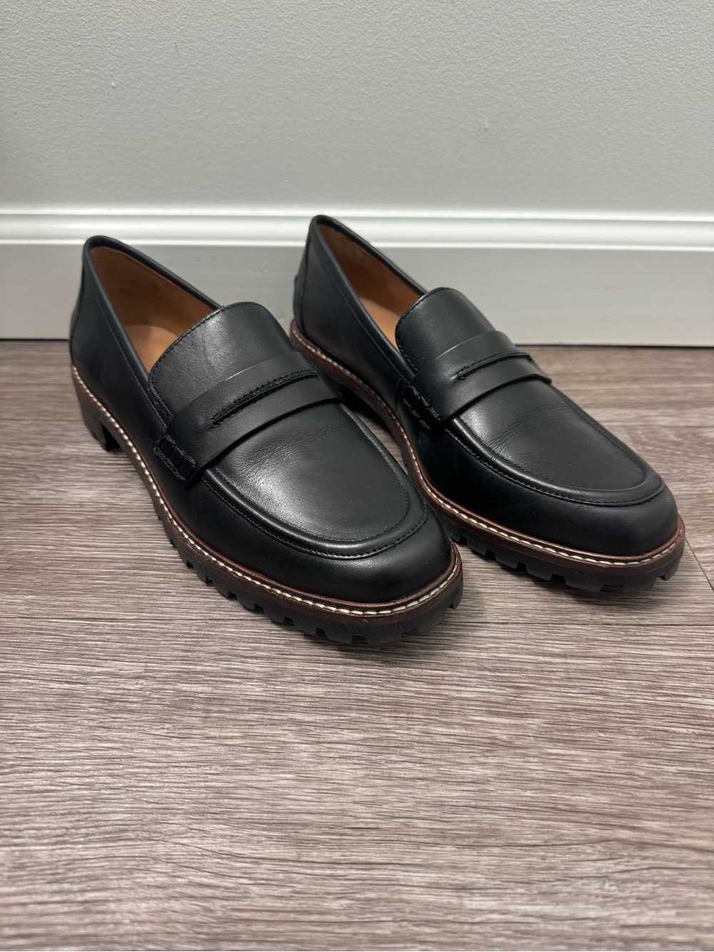 Women's Black Leather Penny Loafers - Classic Slip-On Dress Shoes